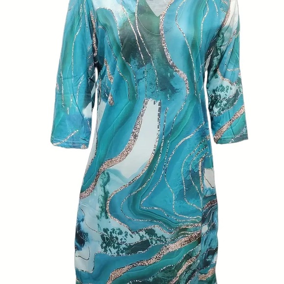 New Vibrant Green and Blue Abstract Dress - Picture 3 of 6